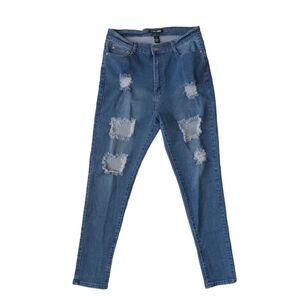 Fashion Nova Women's 1X Blue Medium Denim Wash Distressed Plus Size Skinny Jeans